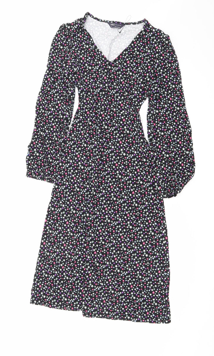 Marks and Spencer Womens Black Geometric Viscose A-Line Size 8 V-Neck Tie