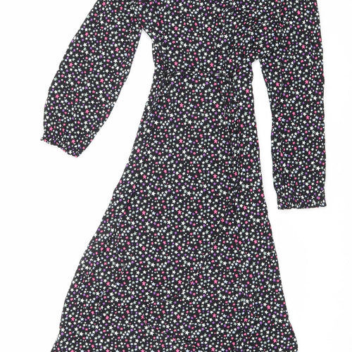 Marks and Spencer Womens Black Geometric Viscose A-Line Size 8 V-Neck Tie