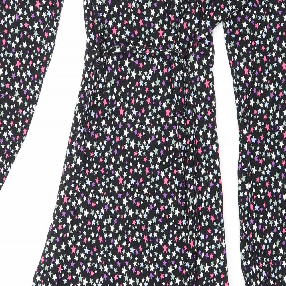 Marks and Spencer Womens Black Geometric Viscose A-Line Size 8 V-Neck Tie