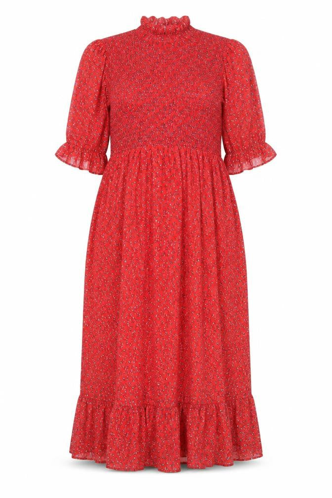 Front view of Finery women’s red floral polyester maxi, size UK 18, mock neck pullover