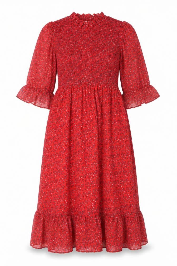 Front view of Finery women’s red floral polyester maxi, size UK 16, mock neck pullover