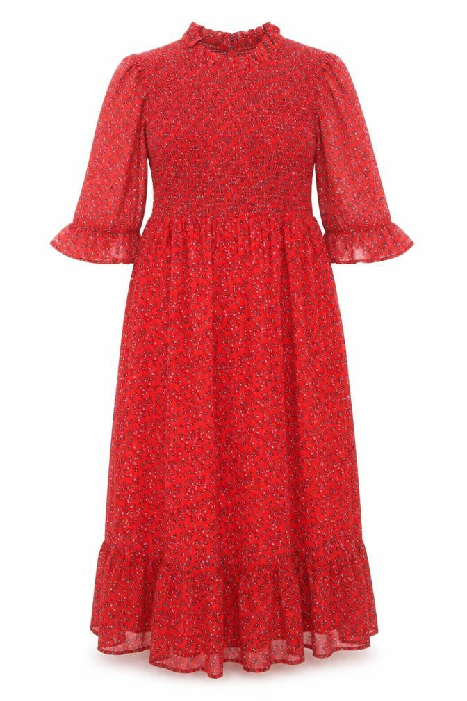 Front view of Finery women’s red floral polyester maxi, size UK 16, mock neck pullover