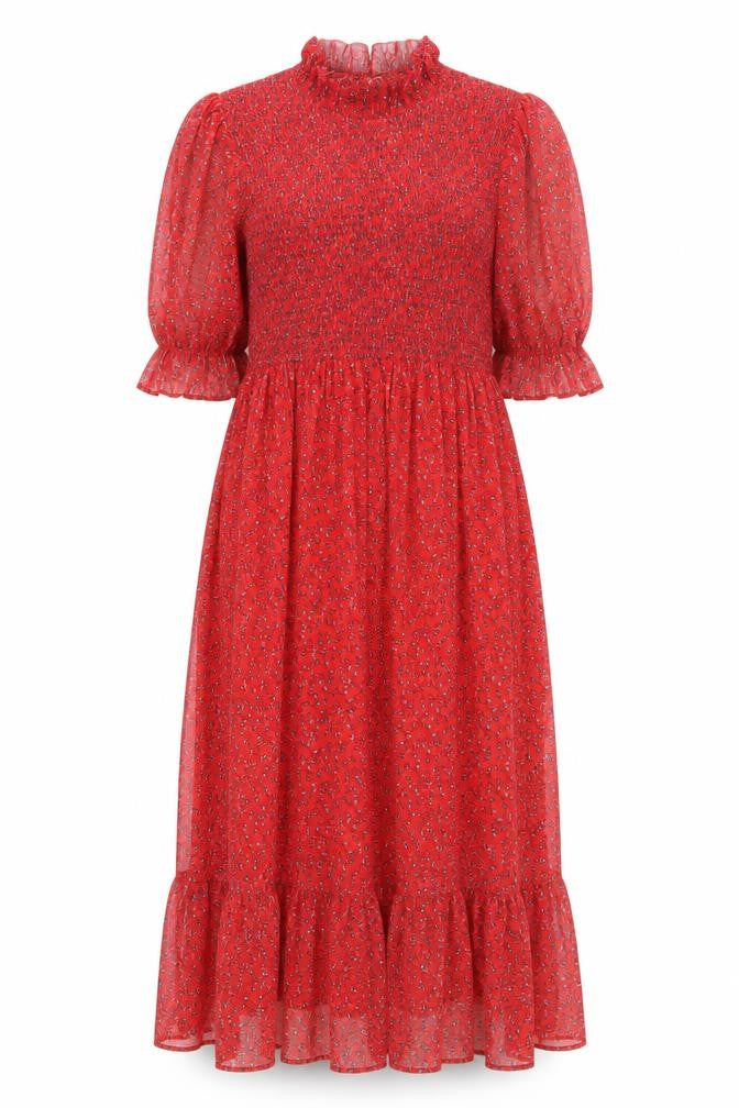 Front view of Finery women’s red floral polyester maxi, size UK 16, mock neck pullover
