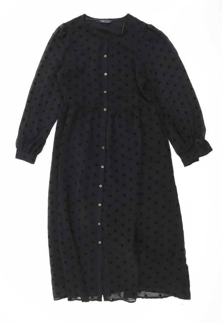 Marks and Spencer Womens Black Geometric Polyester Maxi Size 8 Round Neck Button - Star print