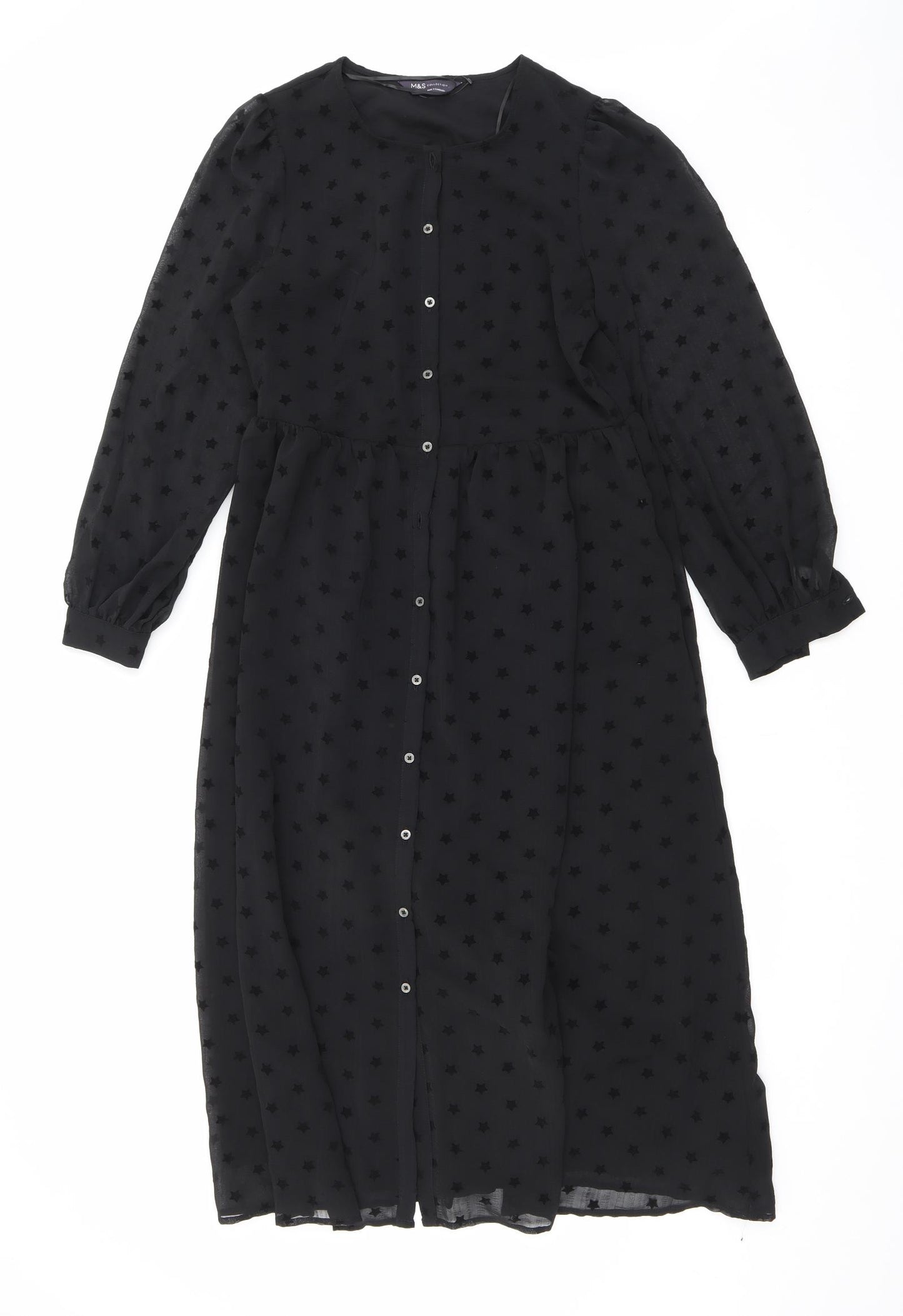Marks and Spencer Womens Black Geometric Polyester Maxi Size 8 Round Neck Button - Star print