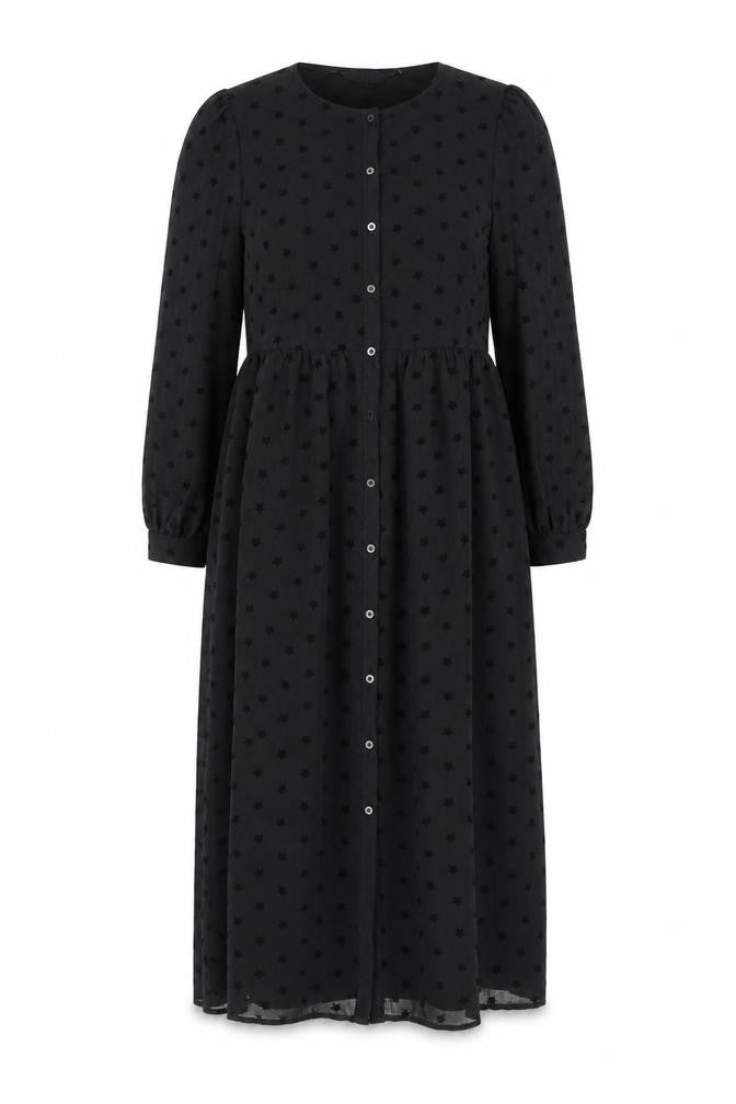 Front view of Marks & Spencer women’s black geometric polyester maxi, size UK 8, round neck button - star print