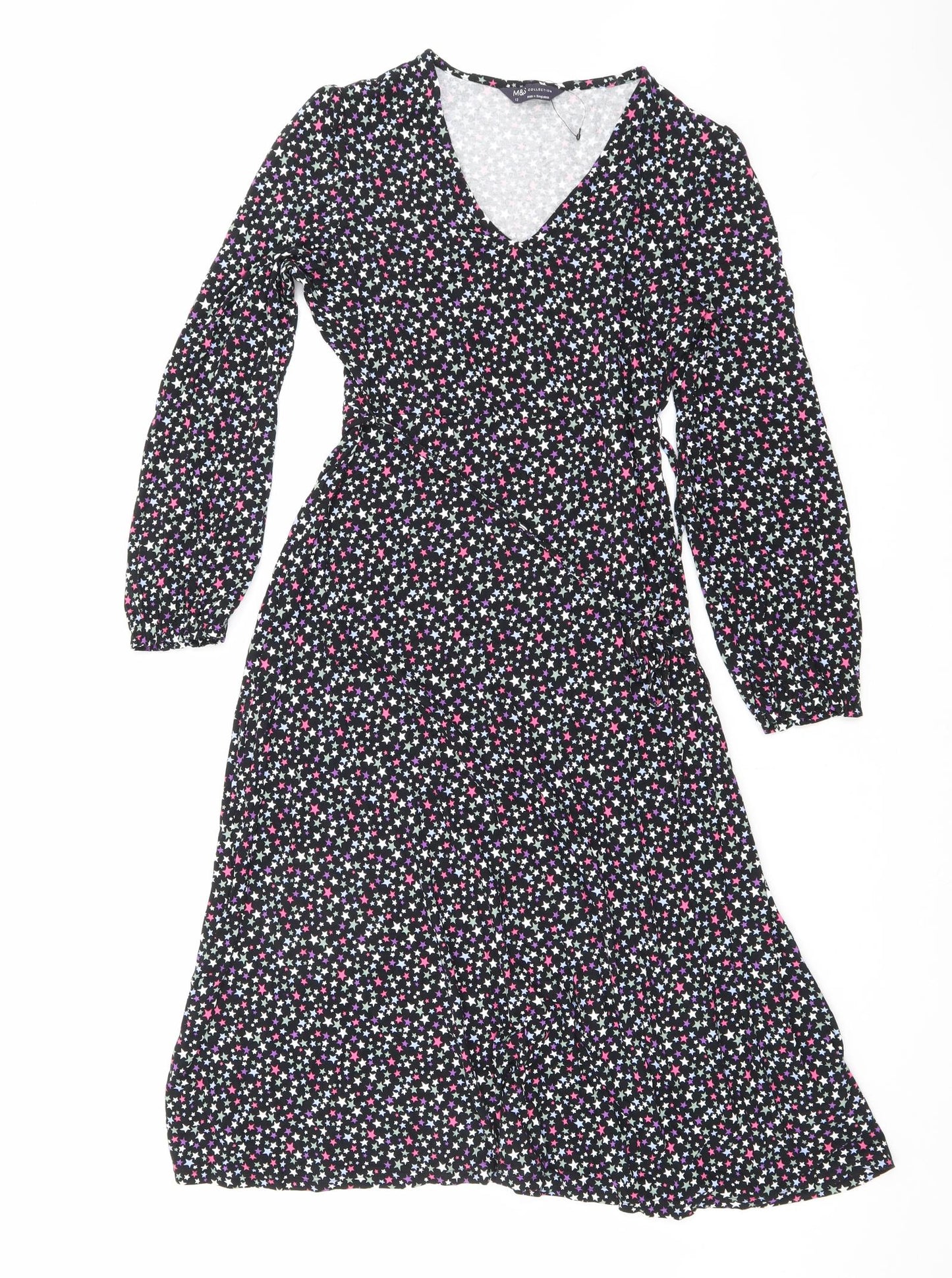 Marks and Spencer Womens Black Geometric Viscose A-Line Size 12 V-Neck Pullover