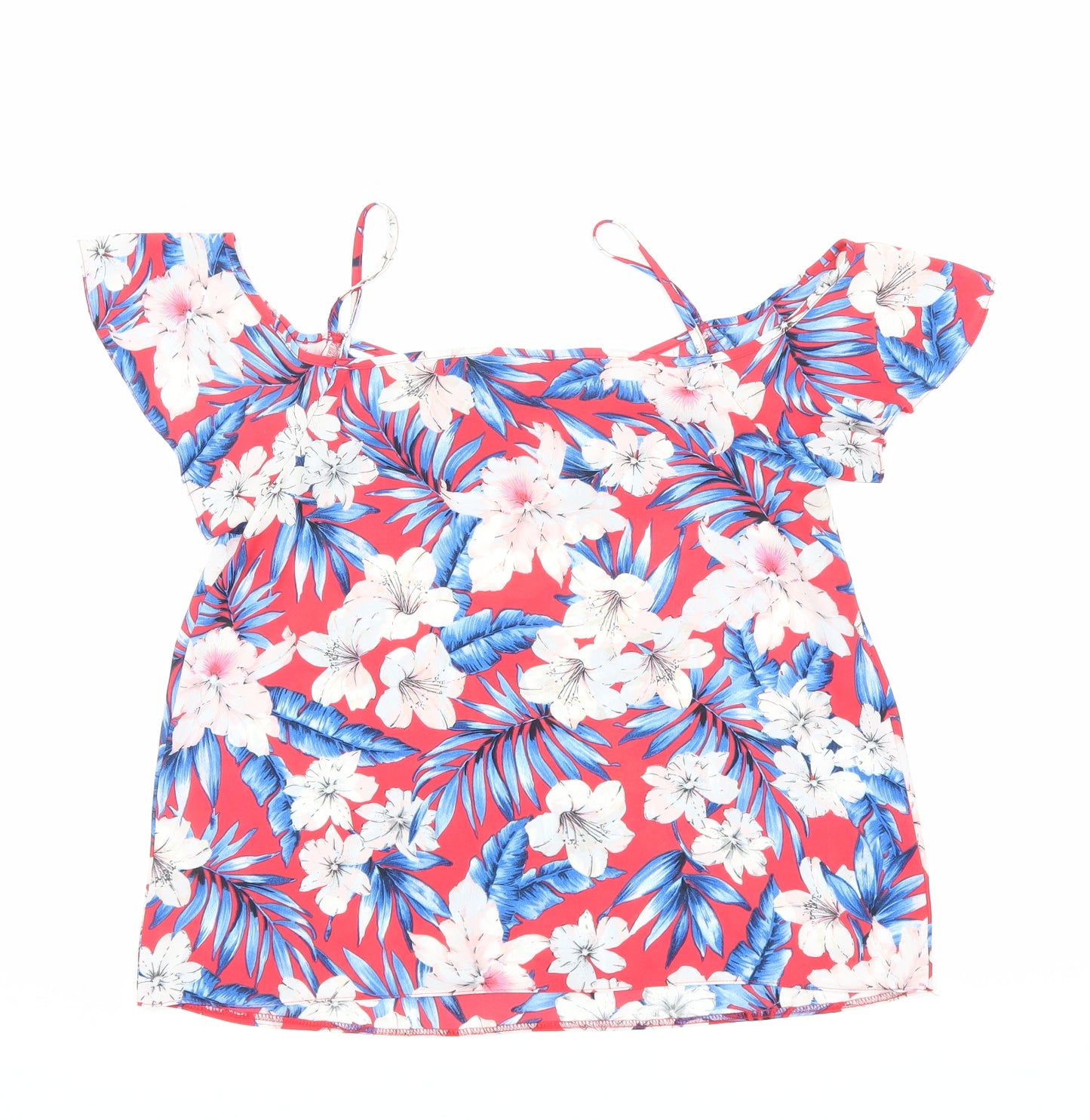 New Look Womens Red Floral Polyester Basic Blouse Size 8 Off the Shoulder