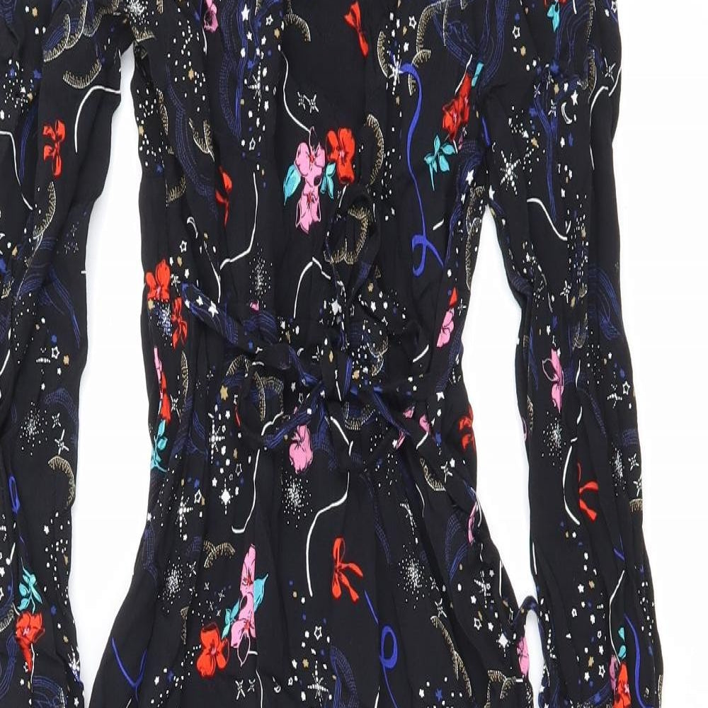 Marks and Spencer Womens Black Geometric Viscose A-Line Size 10 V-Neck Zip