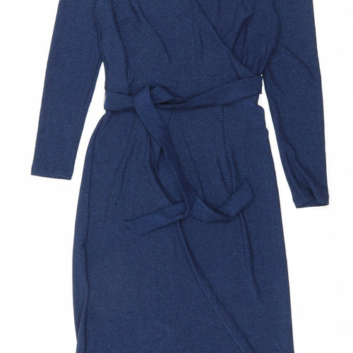 Marks and Spencer Womens Blue Polyamide Wrap Dress Size 8 V-Neck Tie