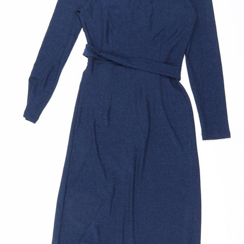 Marks and Spencer Womens Blue Polyamide Wrap Dress Size 8 V-Neck Tie