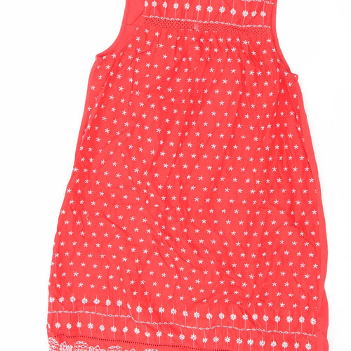 NEXT Womens Red Geometric Cotton A-Line Size 14 Round Neck Button - Embroidered