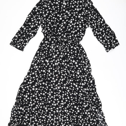 Marks and Spencer Womens Black Geometric Viscose A-Line Size 12 Collared Button - Star Print