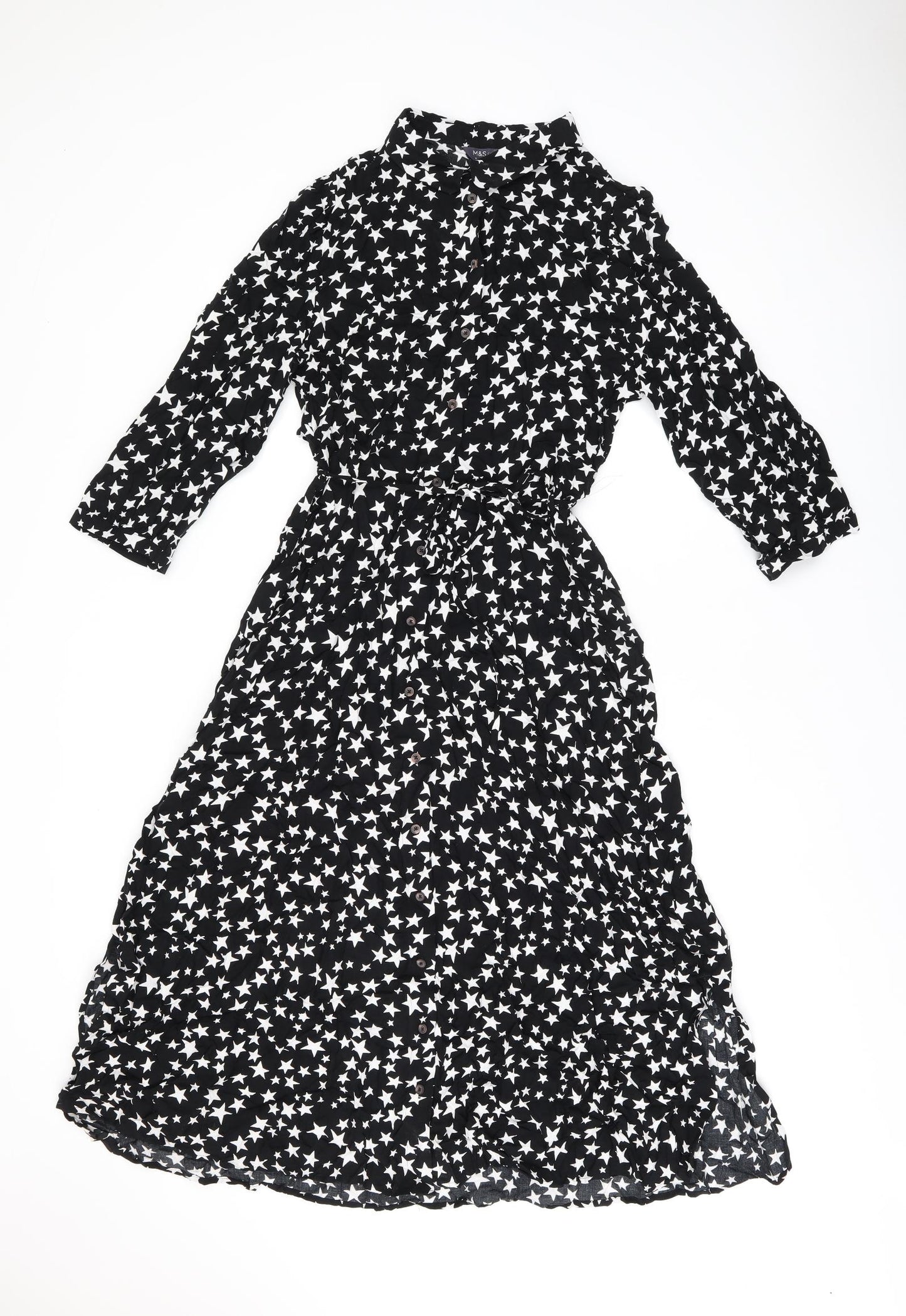 Marks and Spencer Womens Black Geometric Viscose A-Line Size 12 Collared Button - Star Print