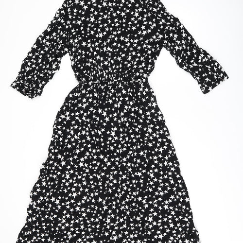Marks and Spencer Womens Black Geometric Viscose A-Line Size 12 Collared Button - Star Print
