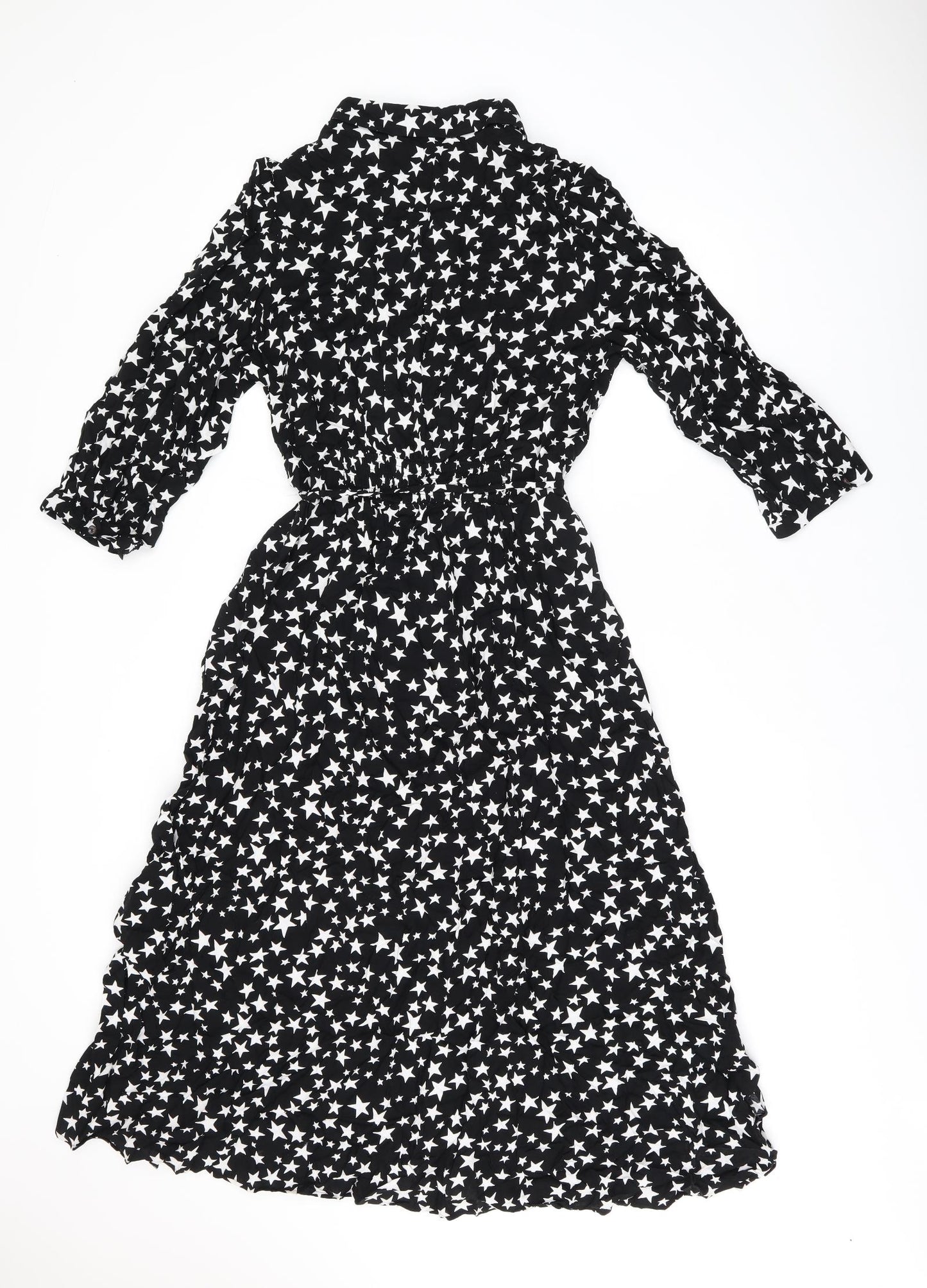 Marks and Spencer Womens Black Geometric Viscose A-Line Size 12 Collared Button - Star Print