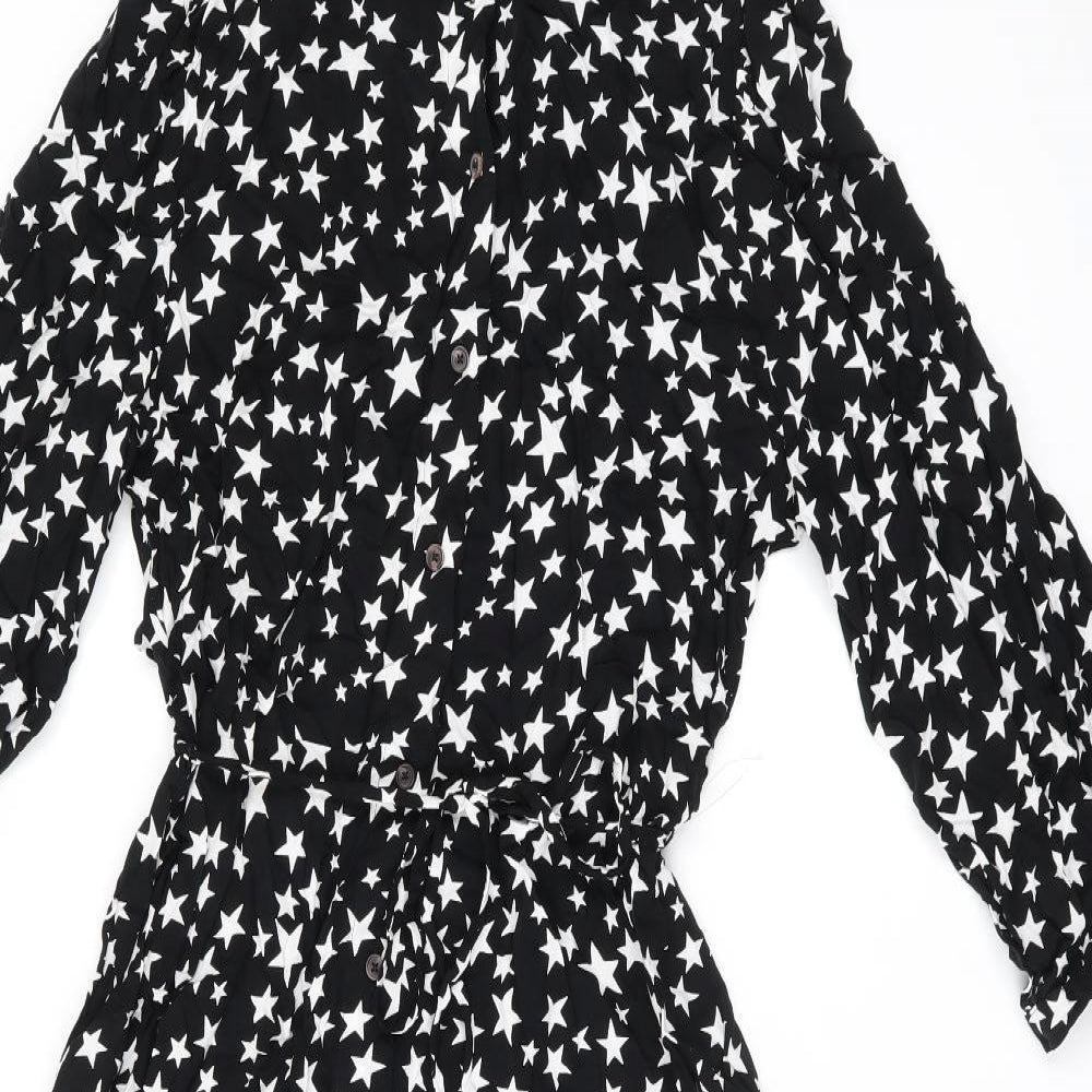 Marks and Spencer Womens Black Geometric Viscose A-Line Size 12 Collared Button - Star Print