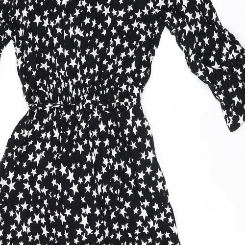 Marks and Spencer Womens Black Geometric Viscose A-Line Size 12 Collared Button - Star Print