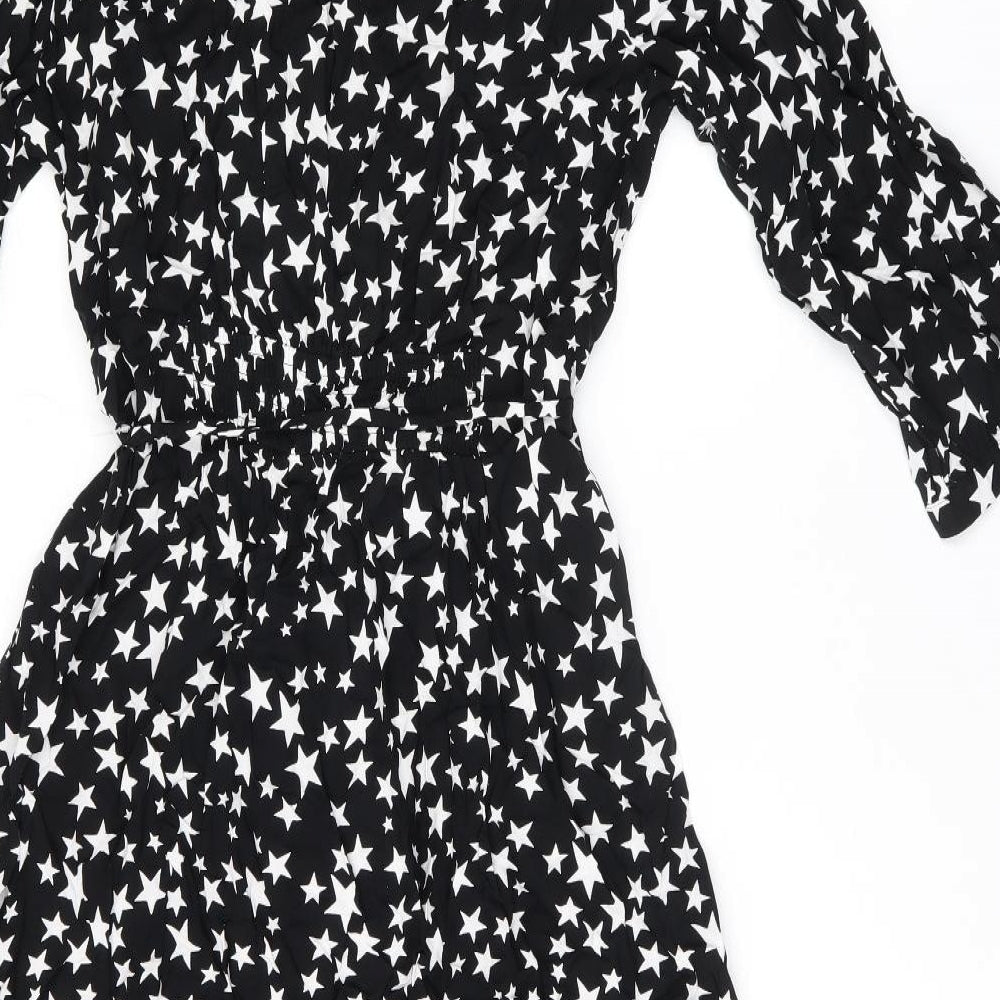 Marks and Spencer Womens Black Geometric Viscose A-Line Size 12 Collared Button - Star Print