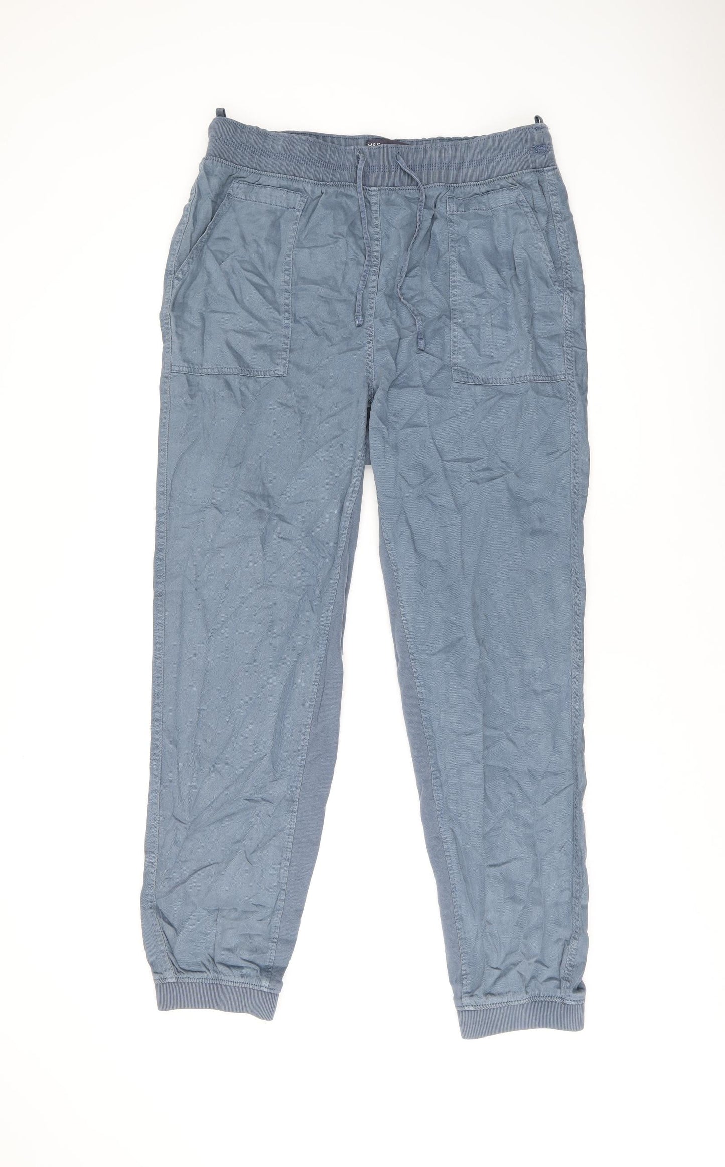 Marks and Spencer Womens Blue Lyocell Trousers Size 14 L30.5 in Regular Drawstring