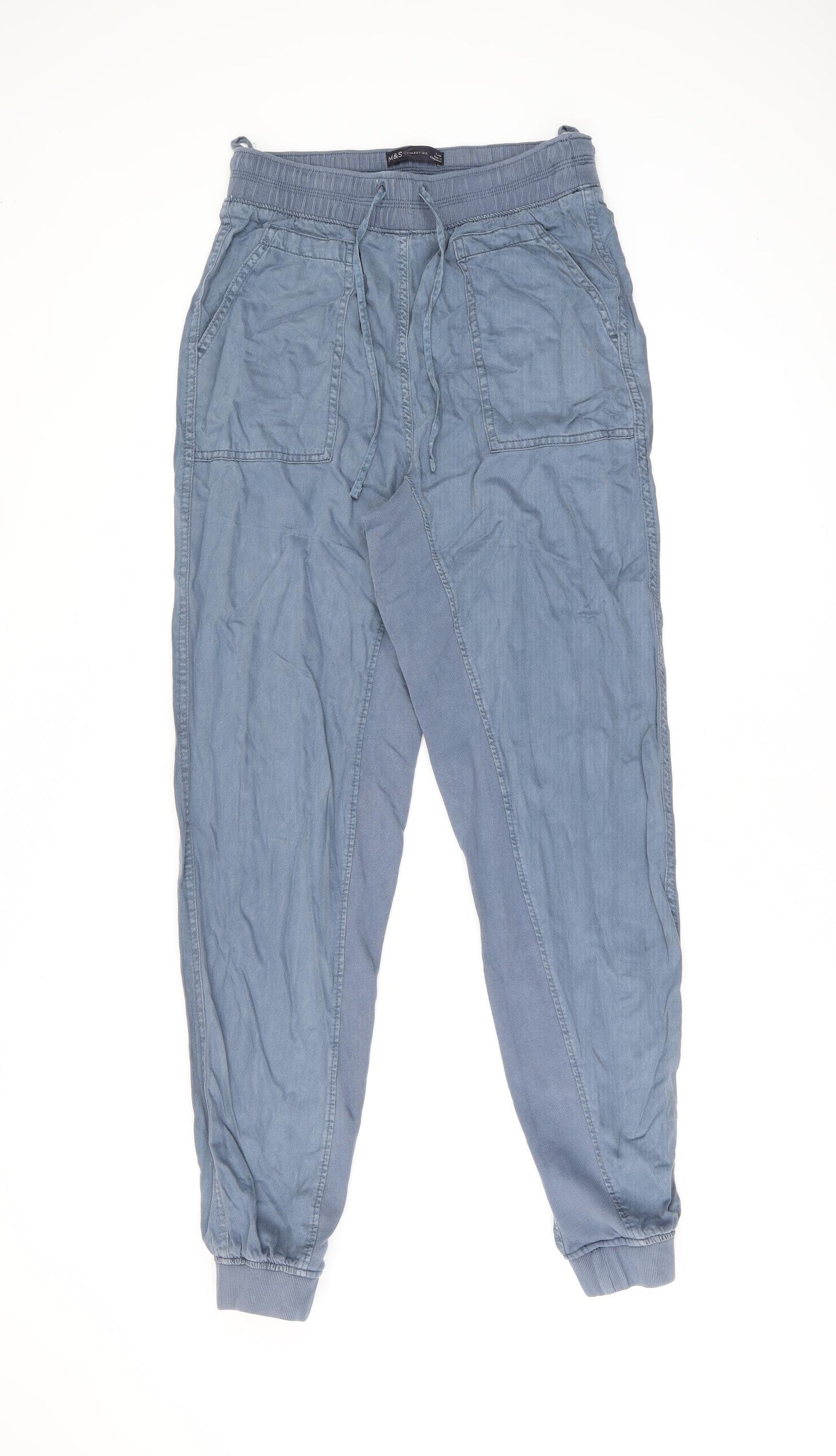 Marks and Spencer Womens Blue Lyocell Trousers Size 8 L28.5 in Regular Drawstring