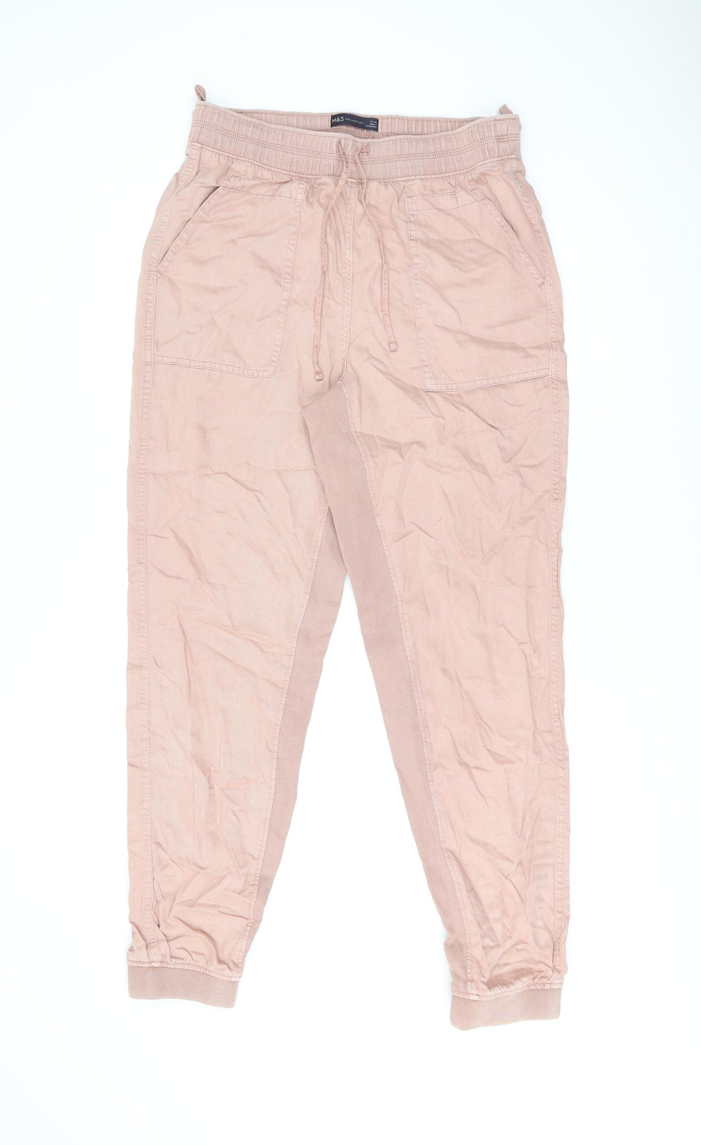 Marks and Spencer Womens Pink Lyocell Trousers Size 14 L30 in Regular Drawstring