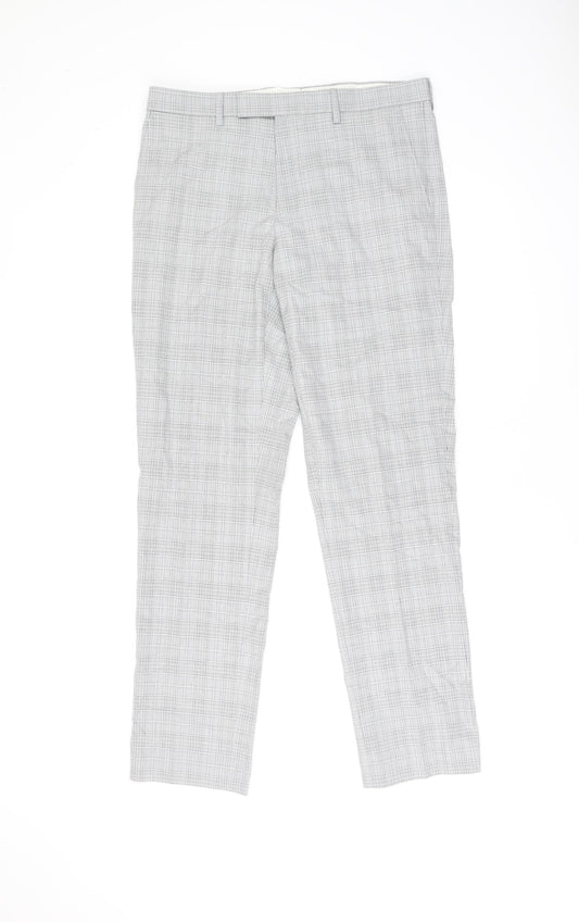 Marks and Spencer Mens Grey Plaid Polyester Dress Pants Trousers Size 32 in L31 in Regular Zip