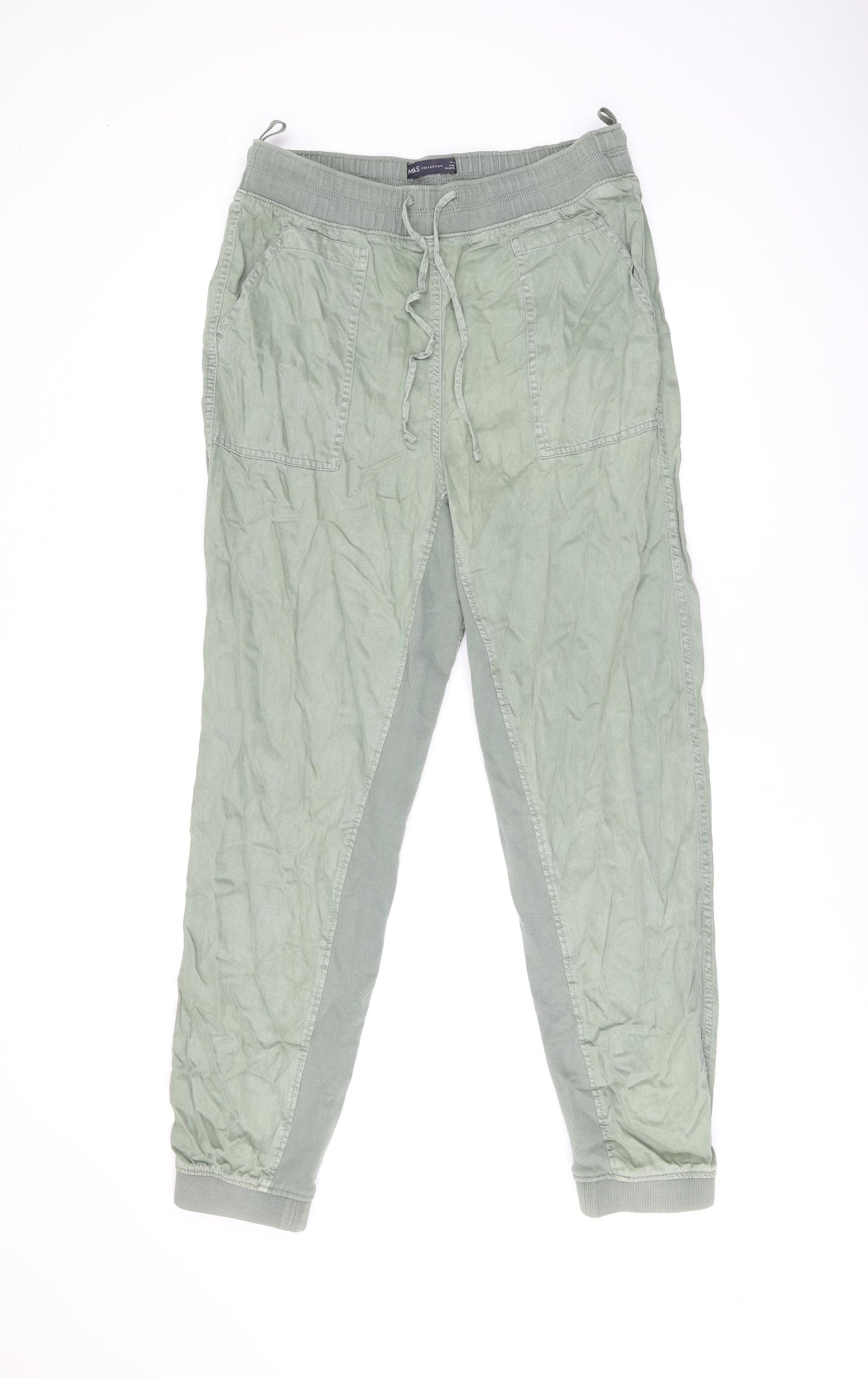 Marks and Spencer Womens Green Lyocell Trousers Size 14 L30 in Regular Drawstring