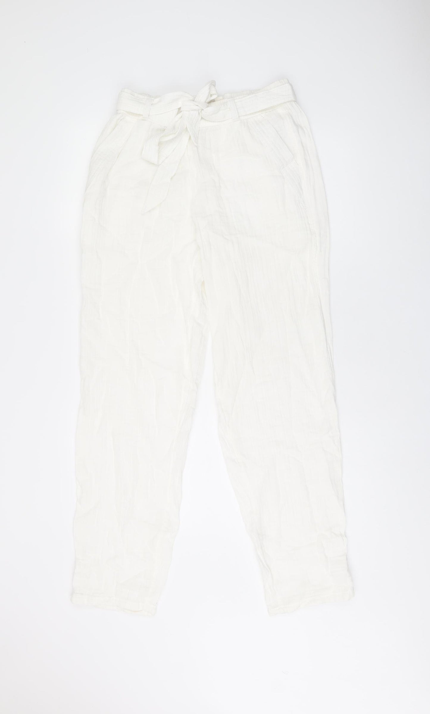 Per Una Womens White Cotton Trousers Size 10 L30 in Regular Tie