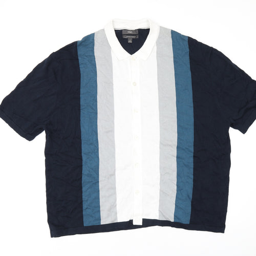 Marks and Spencer Mens Blue Striped Cotton Polo Size 3XL Collared Button