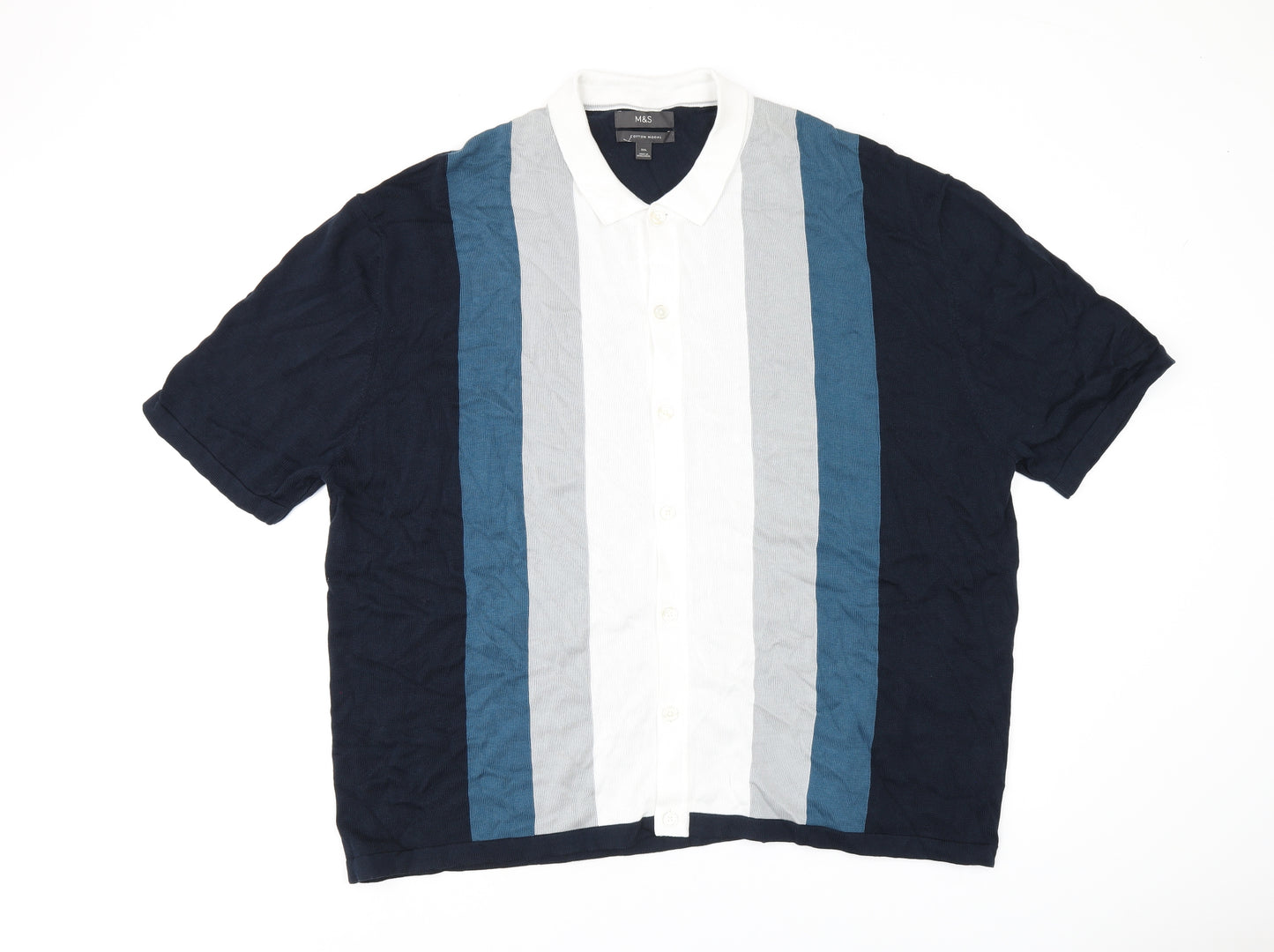 Marks and Spencer Mens Blue Striped Cotton Polo Size 3XL Collared Button