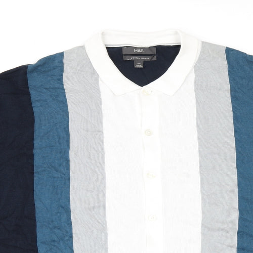 Marks and Spencer Mens Blue Striped Cotton Polo Size 3XL Collared Button