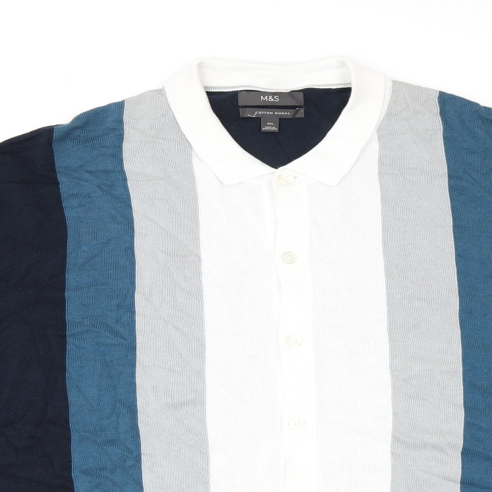Marks and Spencer Mens Blue Striped Cotton Polo Size 3XL Collared Button