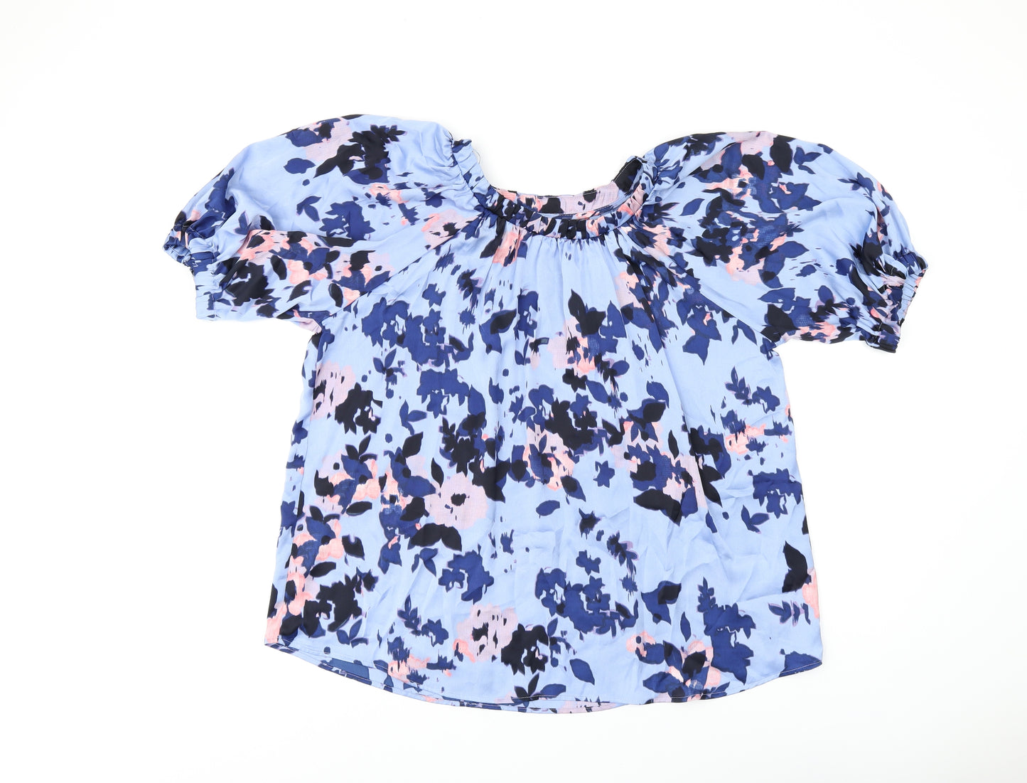 Marks and Spencer Womens Blue Floral Polyester Basic T-Shirt Size 10 Scoop Neck