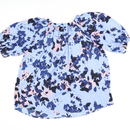 Marks and Spencer Womens Blue Floral Polyester Basic T-Shirt Size 10 Scoop Neck