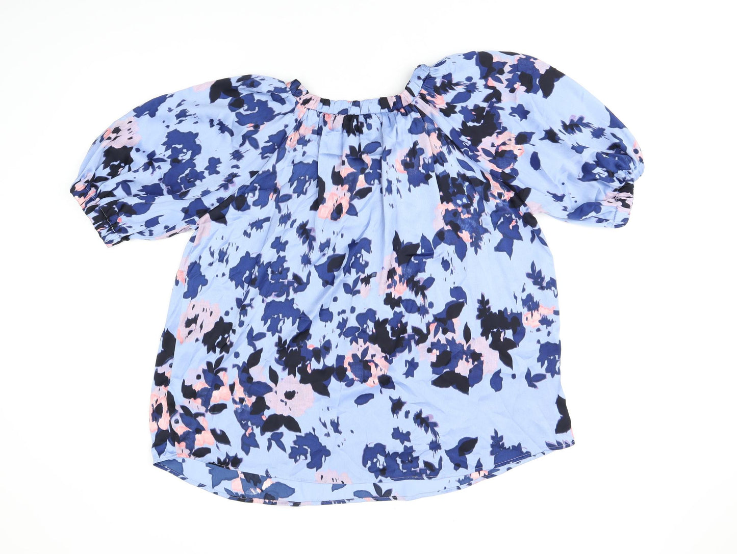 Marks and Spencer Womens Blue Floral Polyester Basic T-Shirt Size 10 Scoop Neck