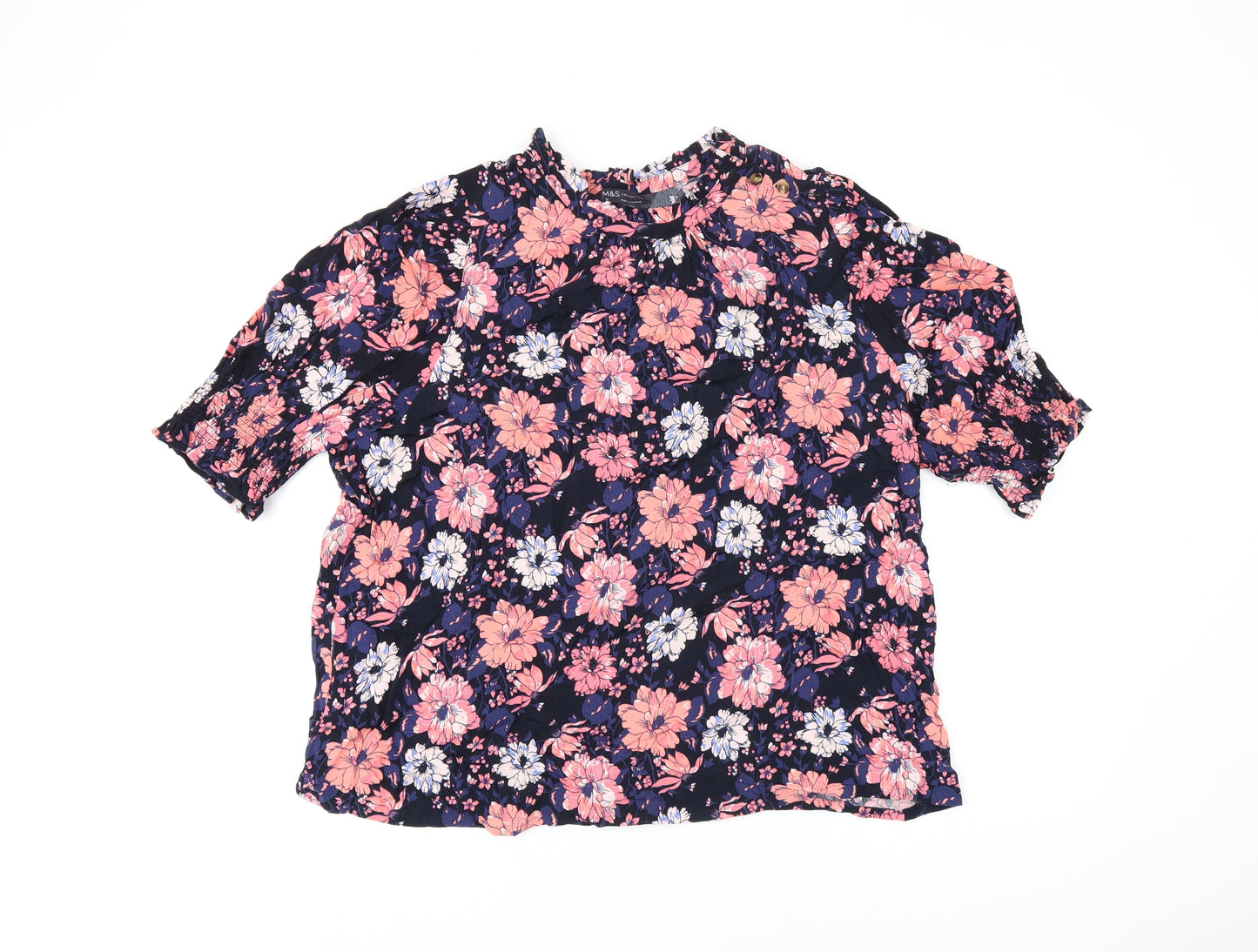 Marks and Spencer Womens Black Floral Viscose Basic T-Shirt Size 20 Round Neck