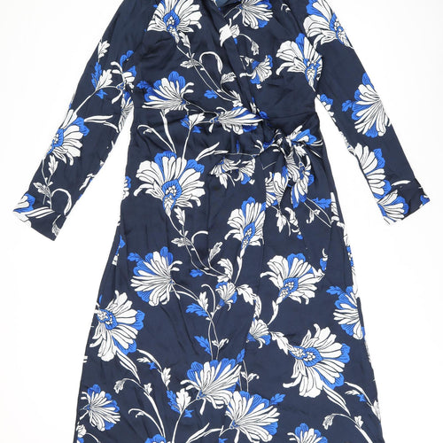 Marks and Spencer Womens Blue Floral Polyester Wrap Dress Size 12 V-Neck Tie