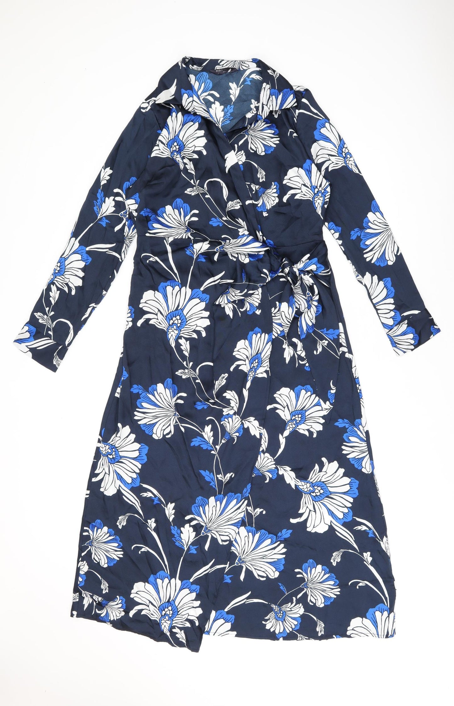 Marks and Spencer Womens Blue Floral Polyester Wrap Dress Size 12 V-Neck Tie