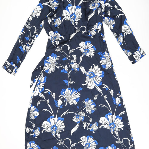 Marks and Spencer Womens Blue Floral Polyester Wrap Dress Size 12 V-Neck Tie