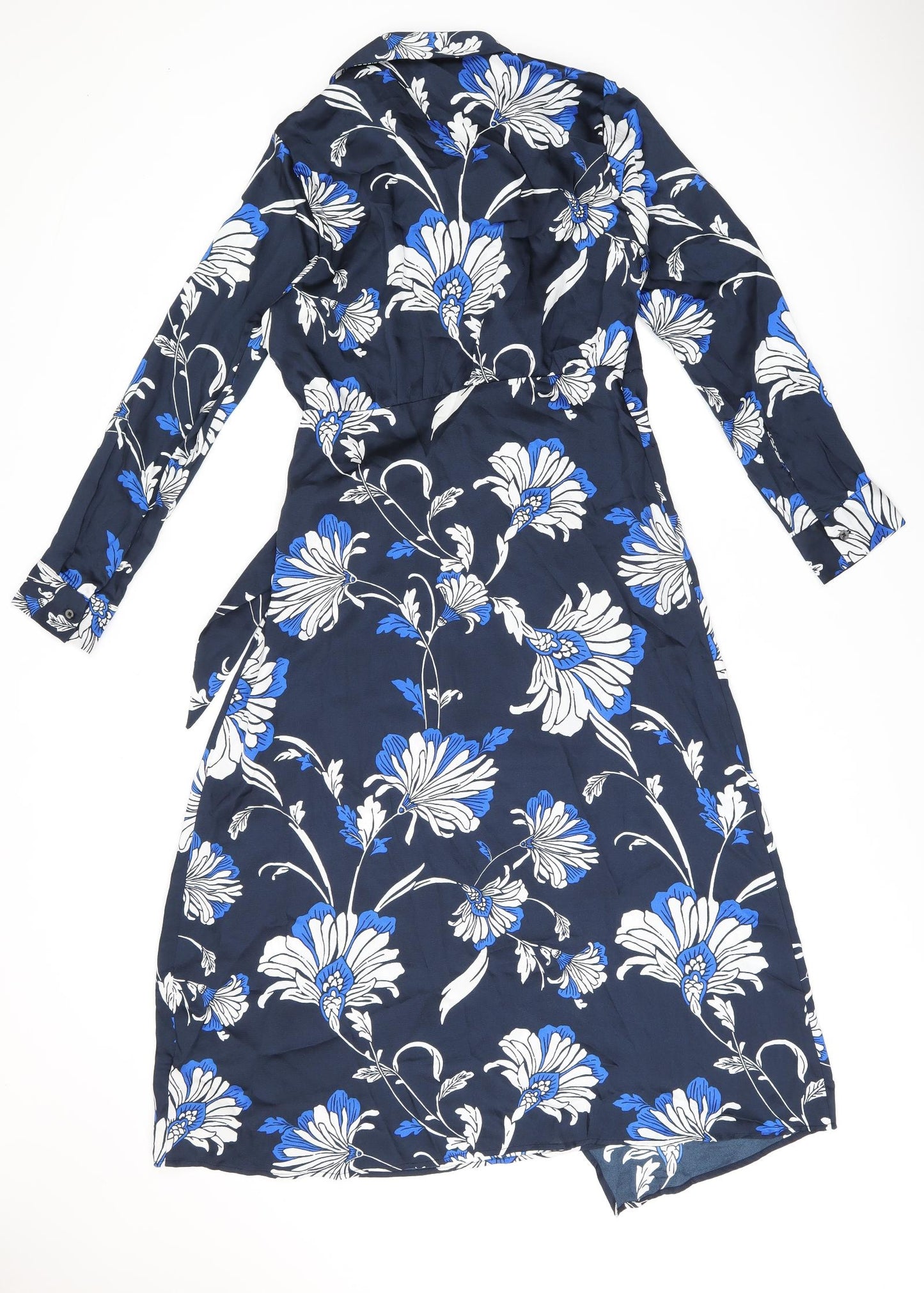 Marks and Spencer Womens Blue Floral Polyester Wrap Dress Size 12 V-Neck Tie