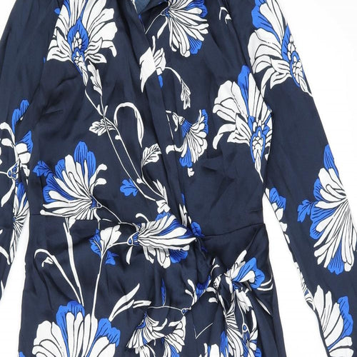 Marks and Spencer Womens Blue Floral Polyester Wrap Dress Size 12 V-Neck Tie