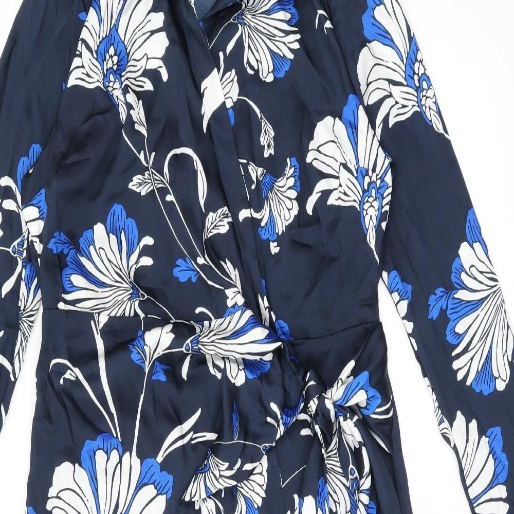 Marks and Spencer Womens Blue Floral Polyester Wrap Dress Size 12 V-Neck Tie