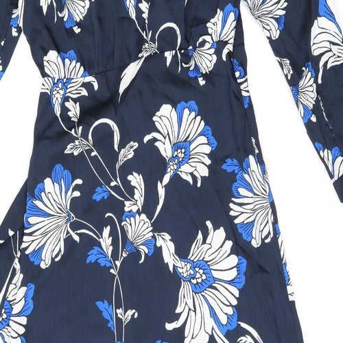 Marks and Spencer Womens Blue Floral Polyester Wrap Dress Size 12 V-Neck Tie