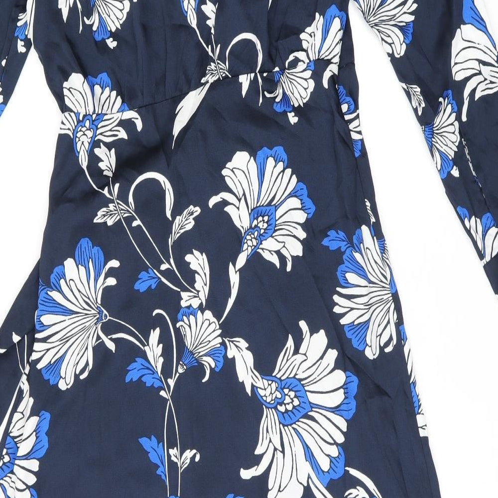 Marks and Spencer Womens Blue Floral Polyester Wrap Dress Size 12 V-Neck Tie