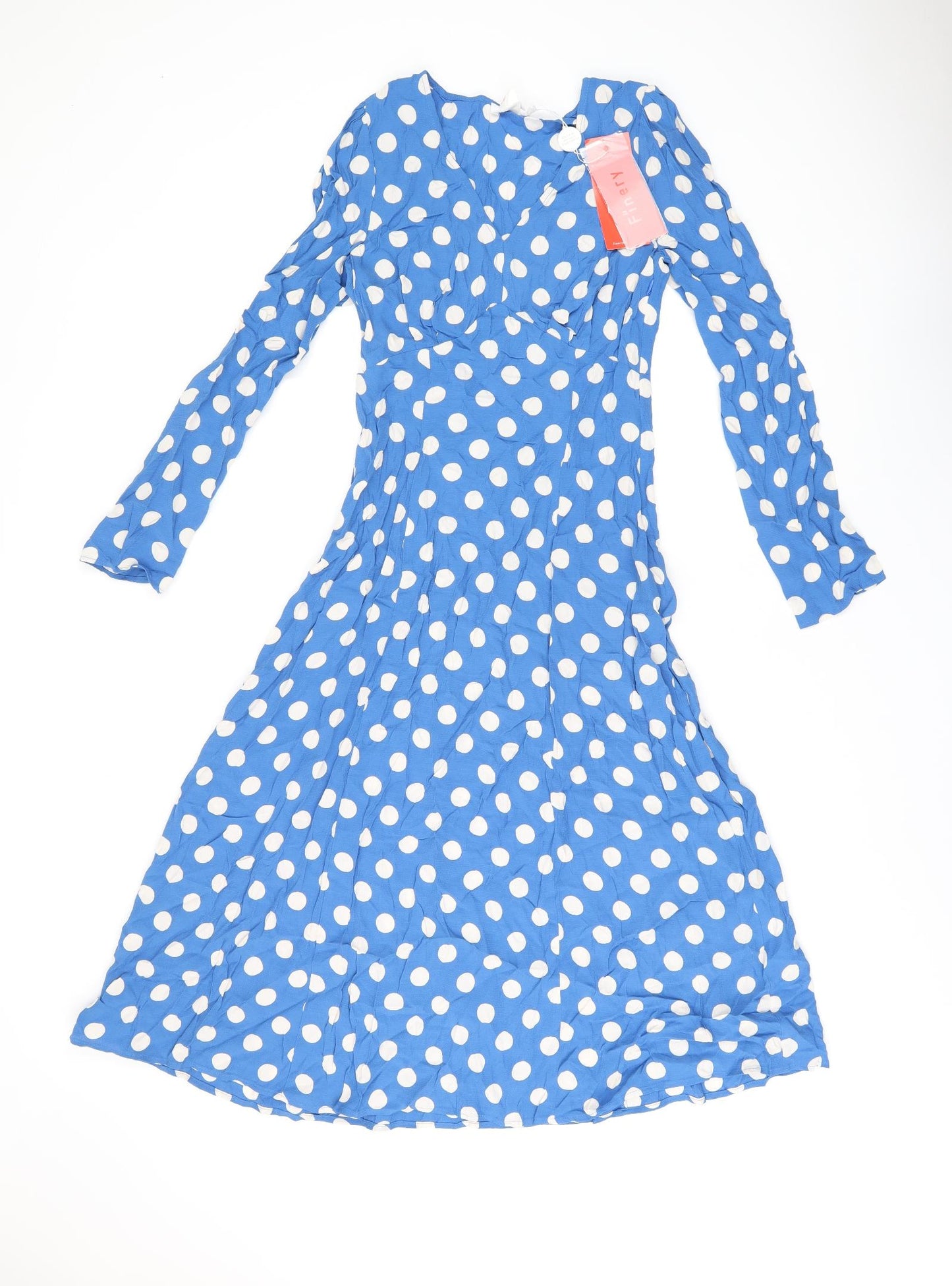 Finery Womens Blue Polka Dot Viscose A-Line Size 8 V-Neck Zip