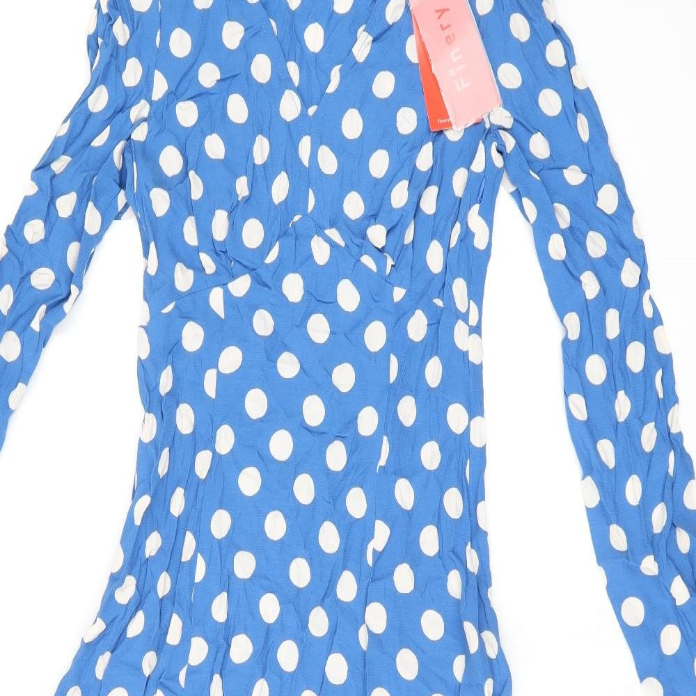 Finery Womens Blue Polka Dot Viscose A-Line Size 8 V-Neck Zip
