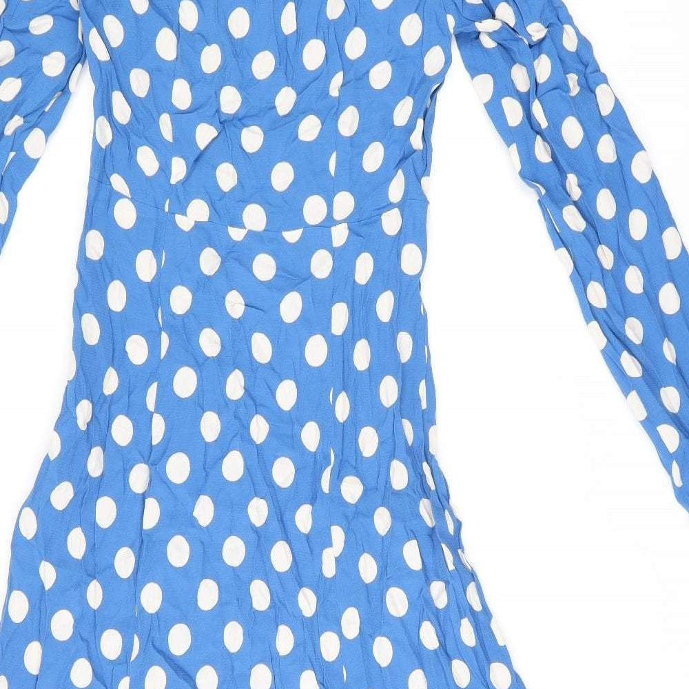 Finery Womens Blue Polka Dot Viscose A-Line Size 8 V-Neck Zip