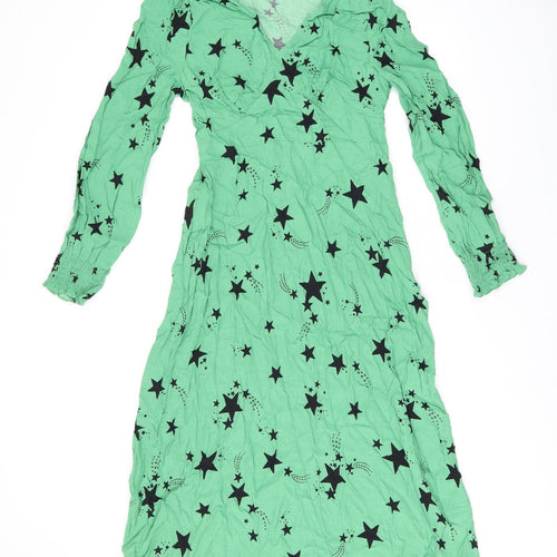Marks and Spencer Womens Green Geometric Viscose A-Line Size 8 V-Neck Zip - Star Print