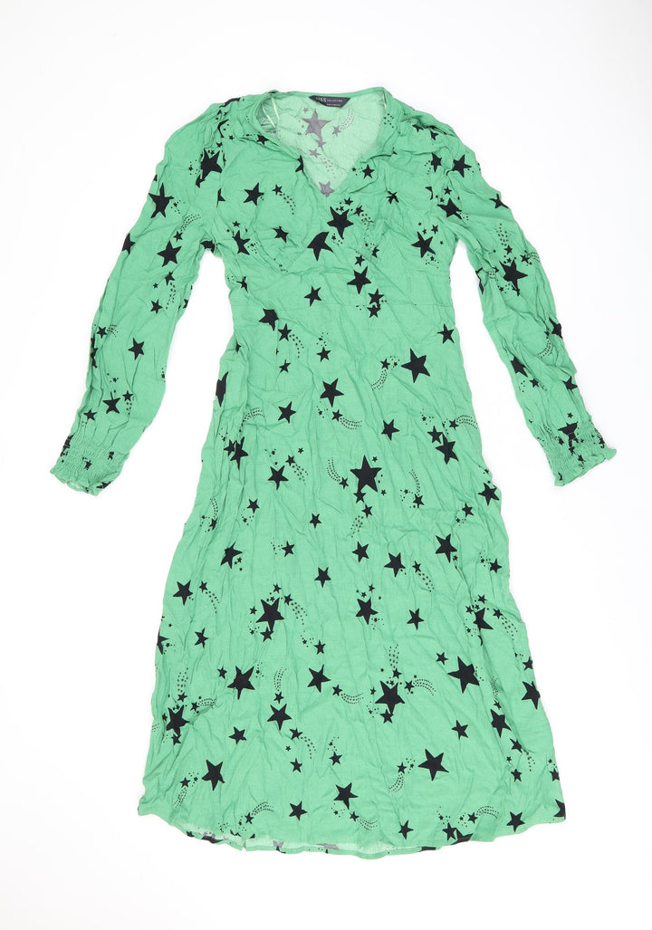 Marks and Spencer Womens Green Geometric Viscose A-Line Size 8 V-Neck Zip - Star Print